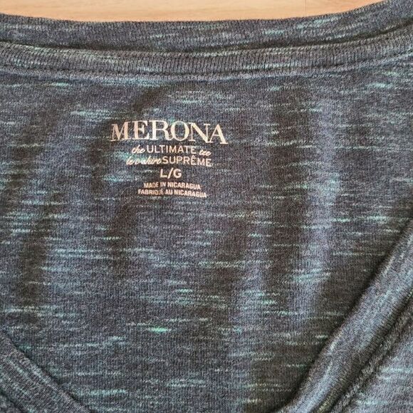 Merona Teal Stripe Long Sleeve Shirt L – Cotton V-Neck, Heathered Knit Tee - Picture 3 of 7